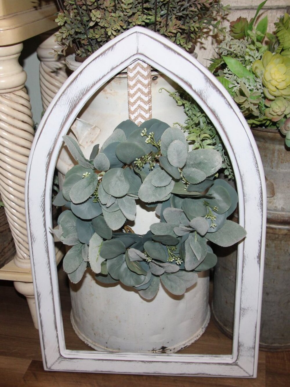 White Shabby Distressed French Country Farmhouse Wall Decor Arch w/Wreath